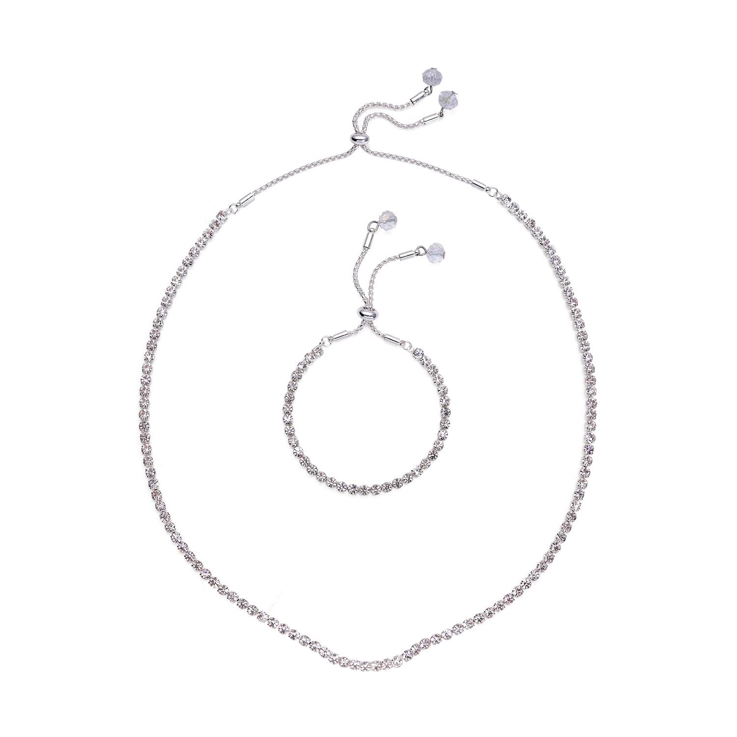 Weiße Kristall-Halskette mit Armband, reines Messing