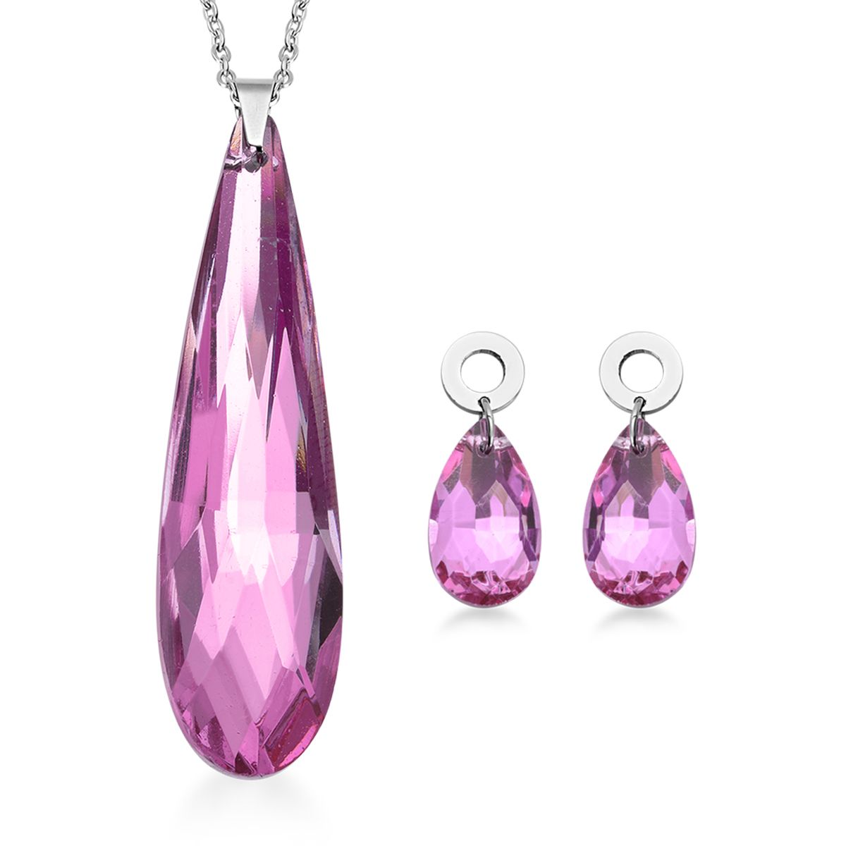 Rosa Glas-Ohrringe und Anhänger mit Kette, Edelstahl