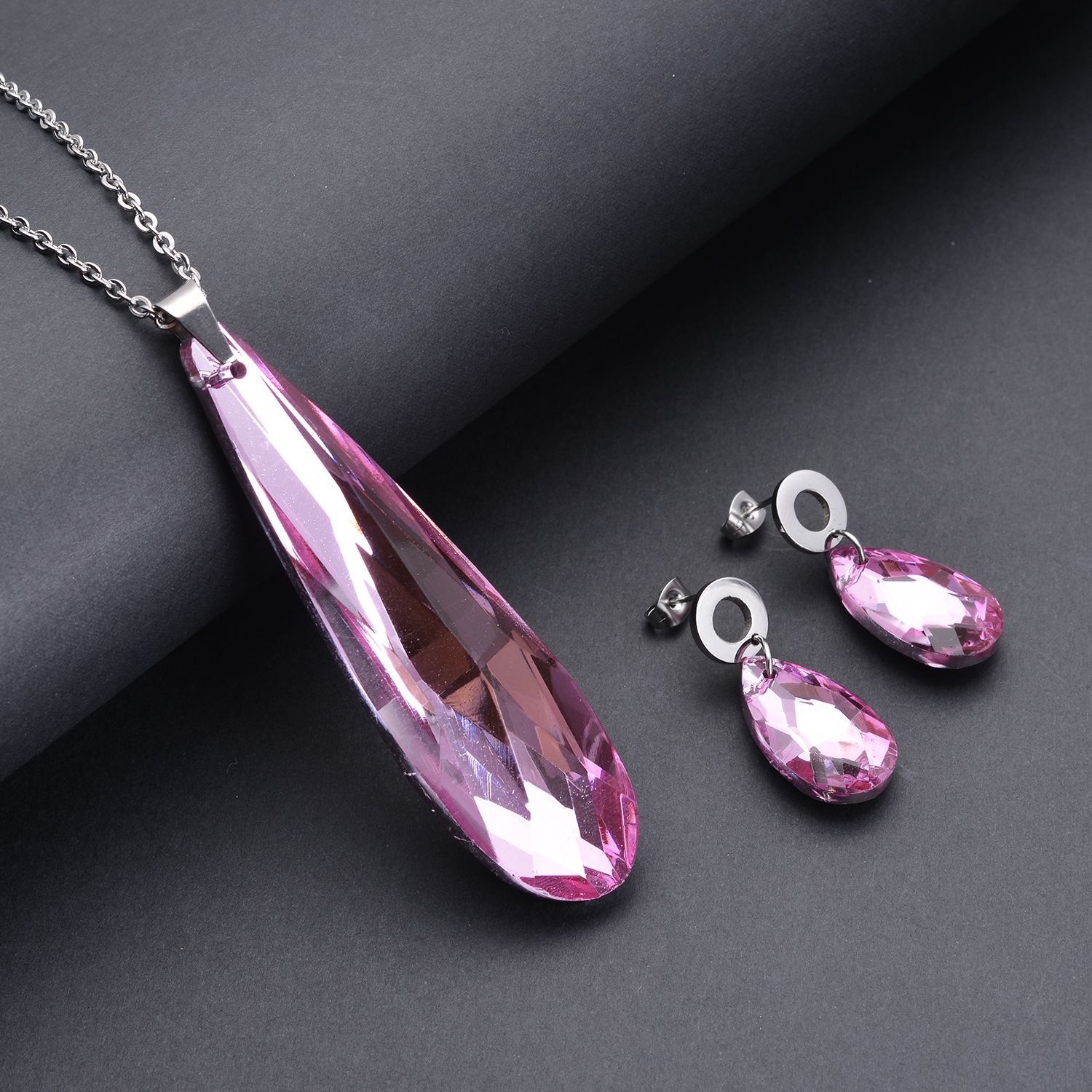 Rosa Glas-Ohrringe und Anhänger mit Kette, Edelstahl