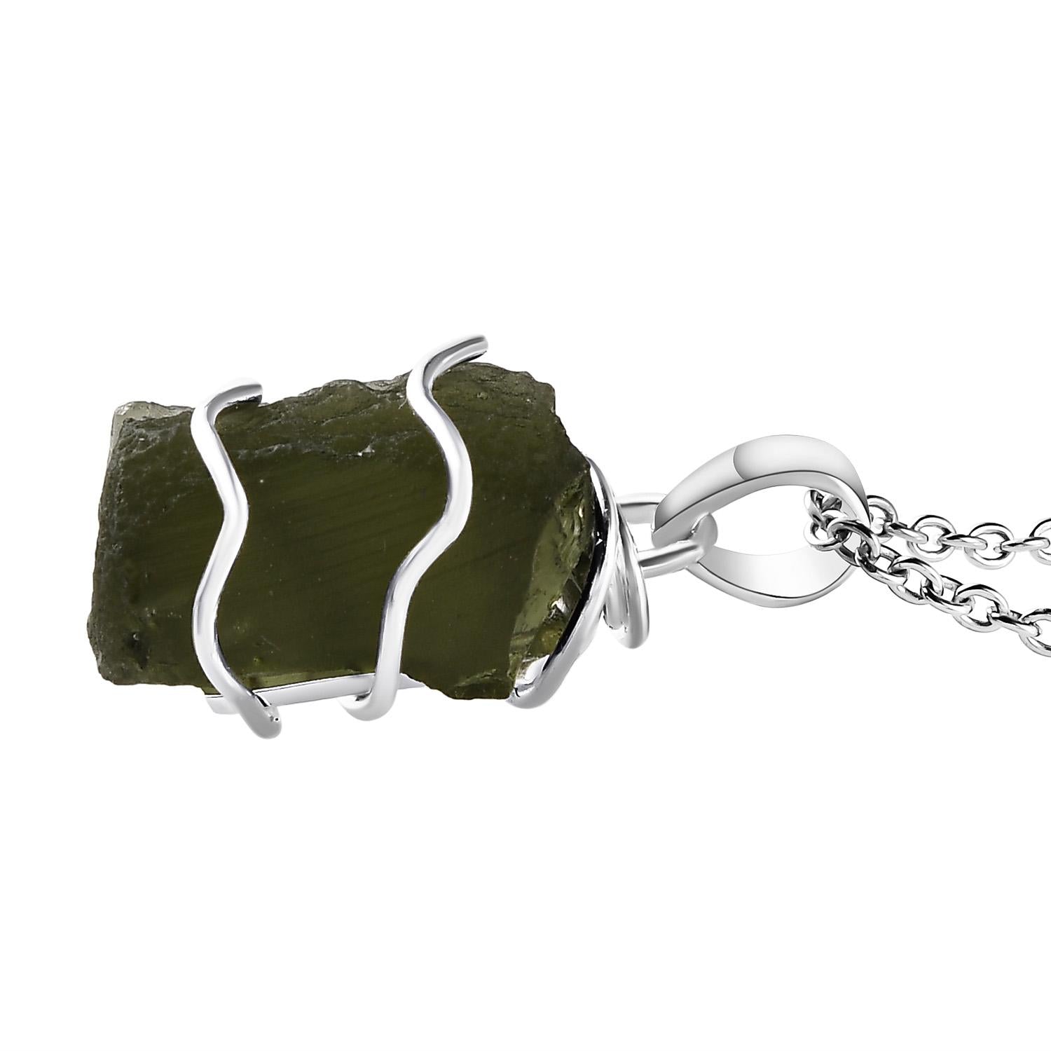 Natürlicher Moldavit-Anhänger mit Kette, 925 Silber, 925 Silber platiniert ca. 7.07 ct