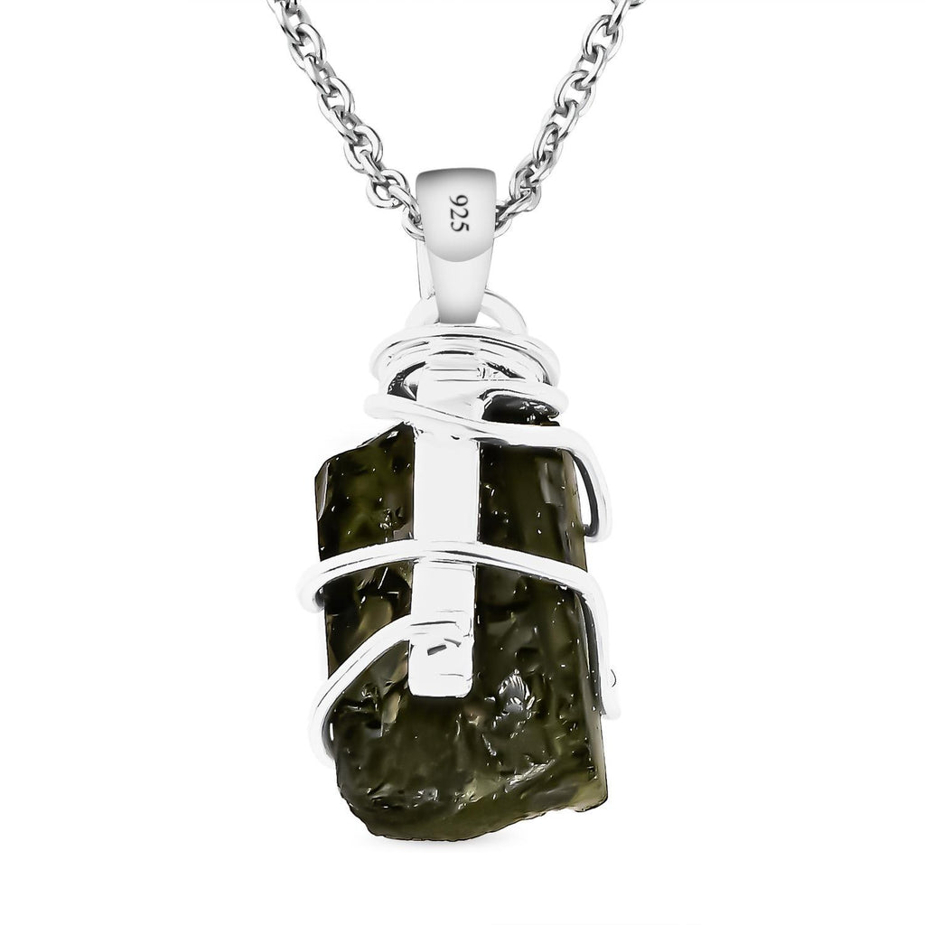 Natürlicher Moldavit-Anhänger mit Kette, 925 Silber, 925 Silber platiniert ca. 7.07 ct