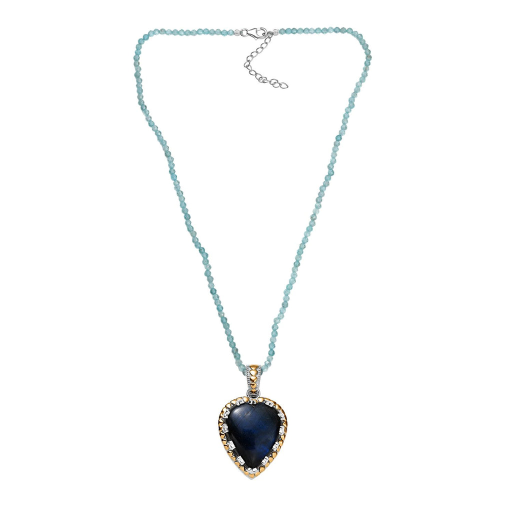 AAA Herz Labradorit (30x25mm), Apatit Anhänger mit Kette ca. 45 cm, 925 Silber Rhodiniert und 750 Gelbgold Vermeil ca. 85.00 ct