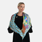 2er Set - La Marey - Seidenschal aus Maulbeerseide mit Blumenmuster und Brosche, 110x110 cm, Blau