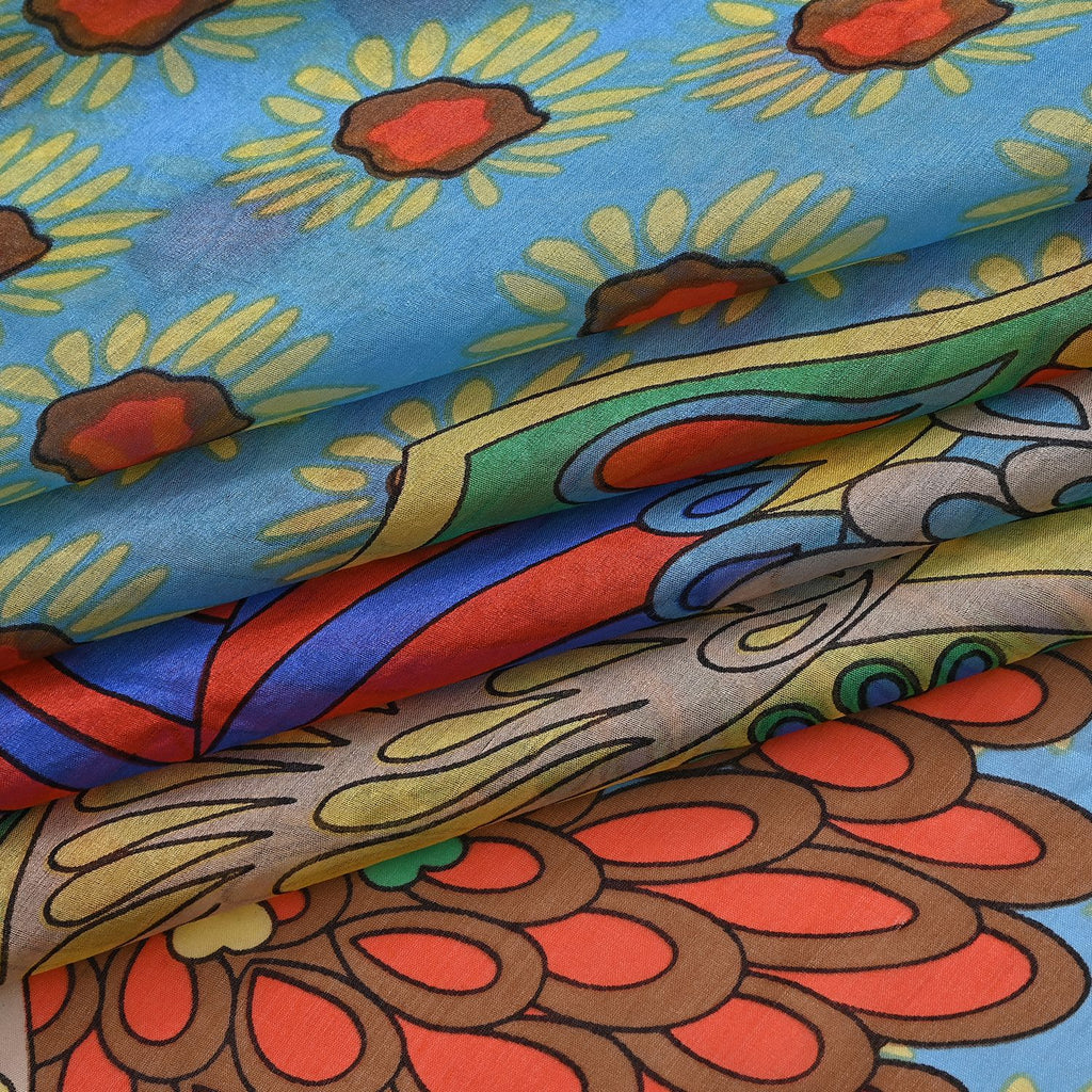 2er Set - La Marey - Seidenschal aus Maulbeerseide mit Blumenmuster und Brosche, 110x110 cm, Blau