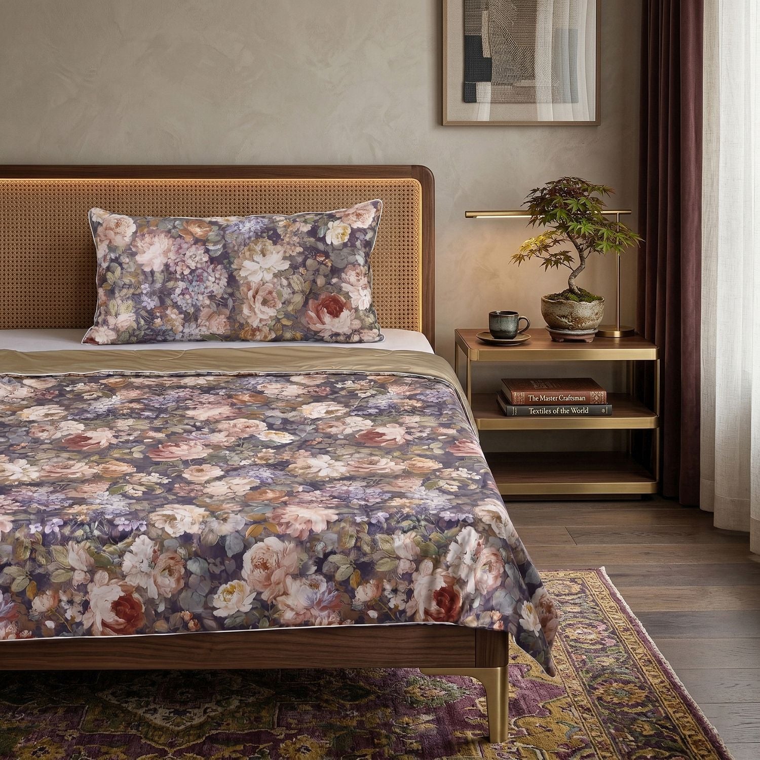 SERENITY NIGHT High-Tech Cooling-Steppdecken-Set mit edler, temperaturregulierender Maulbeeren-Seiden-Füllung und MOP Knöpfe, 135x200 - 40x80 cm, Acquarell