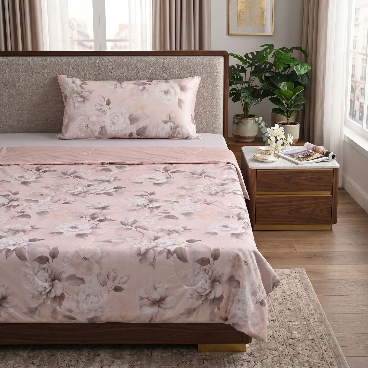 SERENITY NIGHT High-Tech Cooling-Steppdecken-Set mit edler, temperaturregulierender Maulbeeren-Seiden-Füllung und MOP Knöpfe, 135x200 - 40x80 cm, Rosa