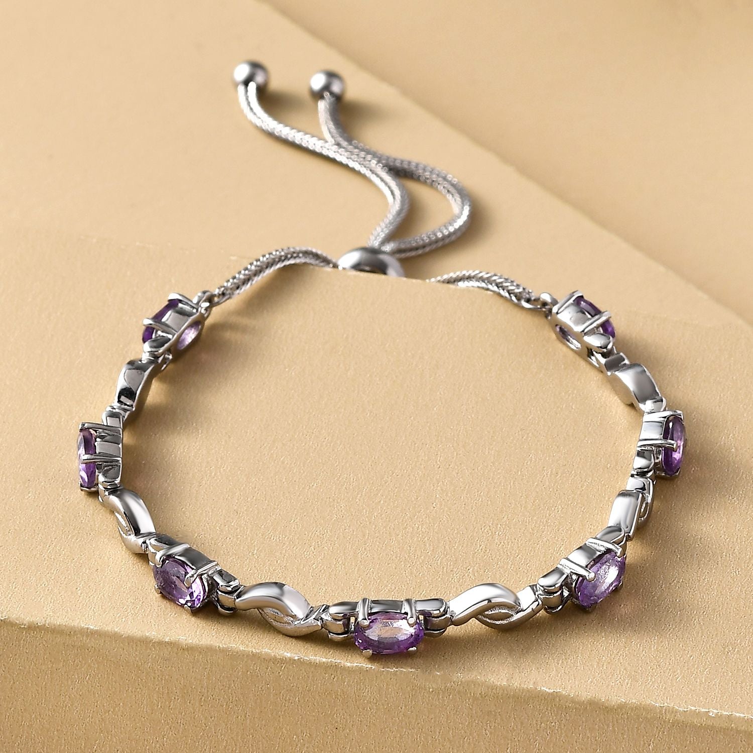 Verstellbares, afrikanisches Amethyst-Armband, ca. 26.75 cm, Edelstahl, ca. 2.74 ct