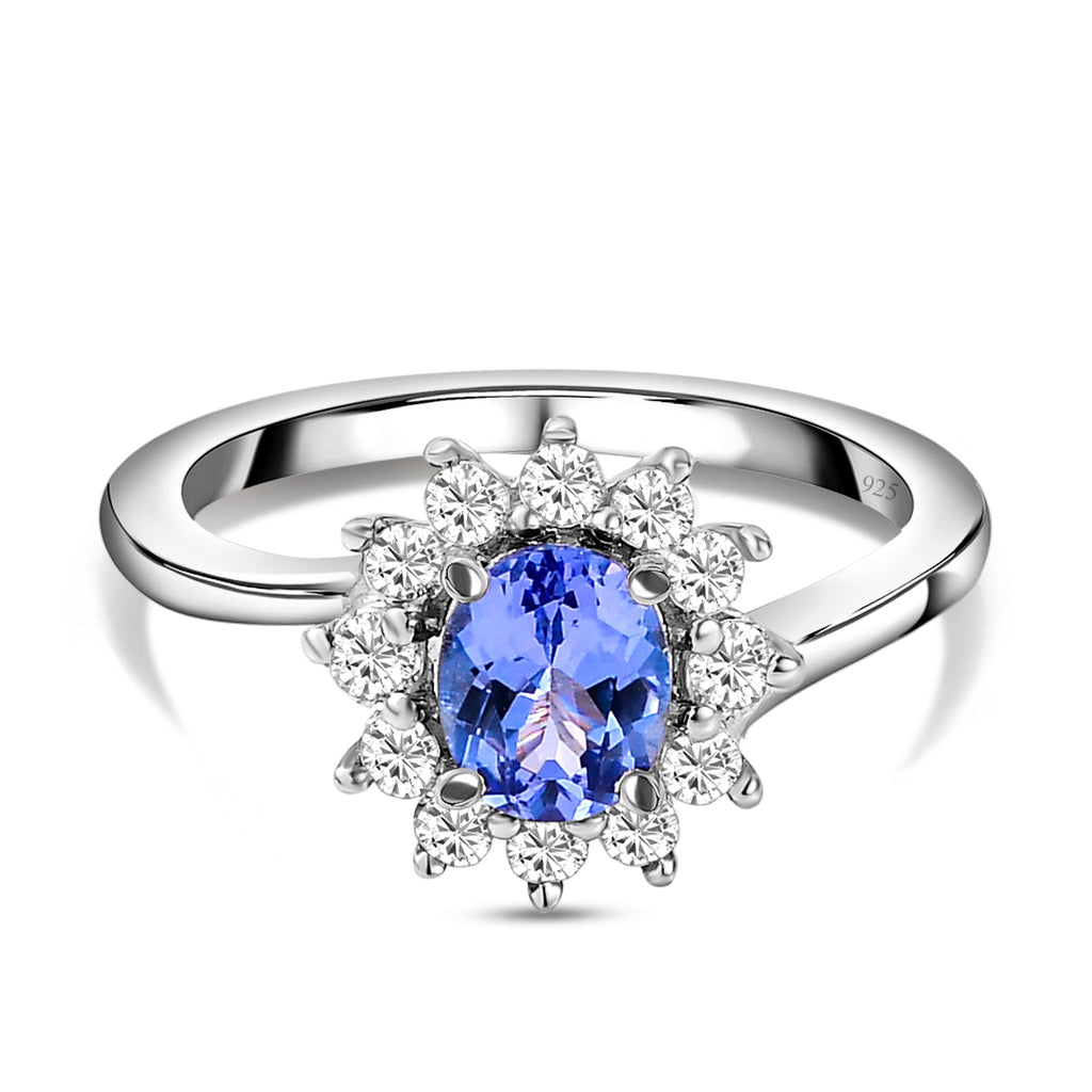 AA Tansanit und weißer Zirkon-Ring, 925 Silber platiniert ca. 1,15 ct