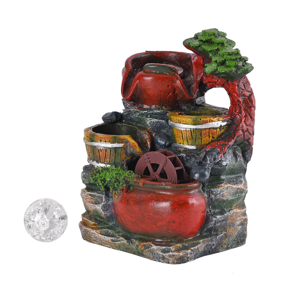 Wasserbrunnen mit LED Lichter und Kristallkugel, 17x14x21 cm, Rote Amphoren und Mühlrad