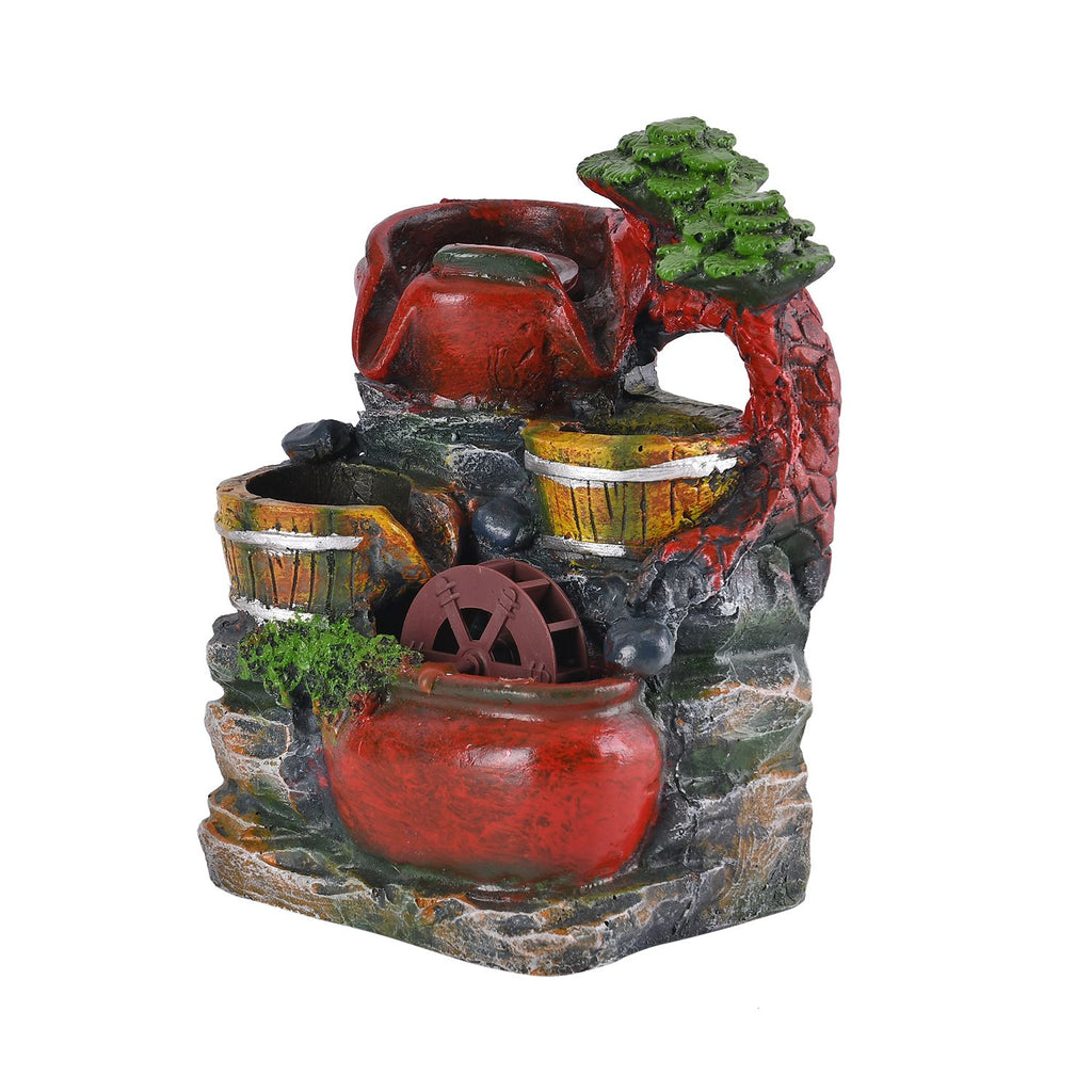 Wasserbrunnen mit LED Lichter und Kristallkugel, 17x14x21 cm, Rote Amphoren und Mühlrad