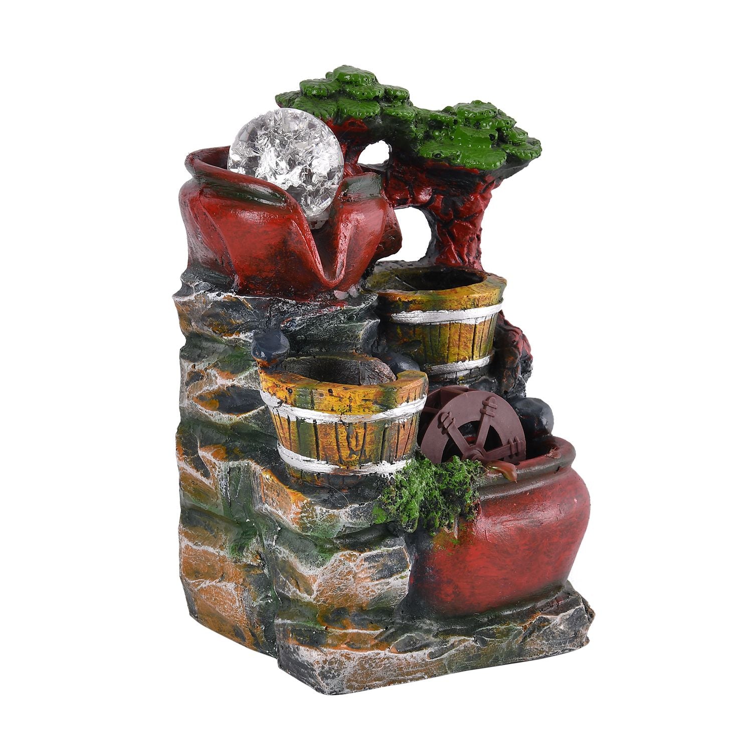 Wasserbrunnen mit LED Lichter und Kristallkugel, 17x14x21 cm, Rote Amphoren und Mühlrad