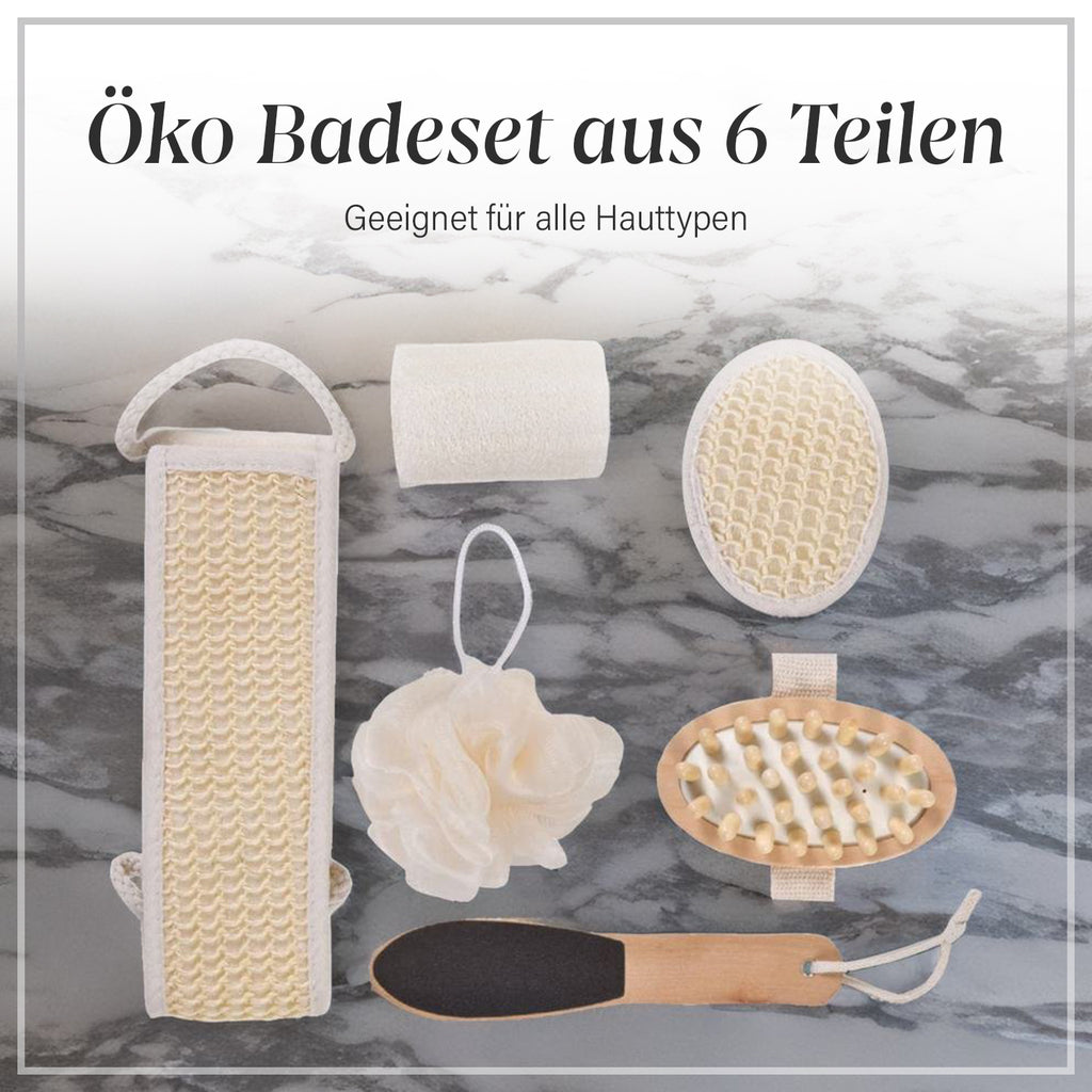 6-tlg Öko-Badeset: Sisalschwamm, Holzfußfeile, Luffaschwamm, Netzschwamm 29x27x5.5cm
