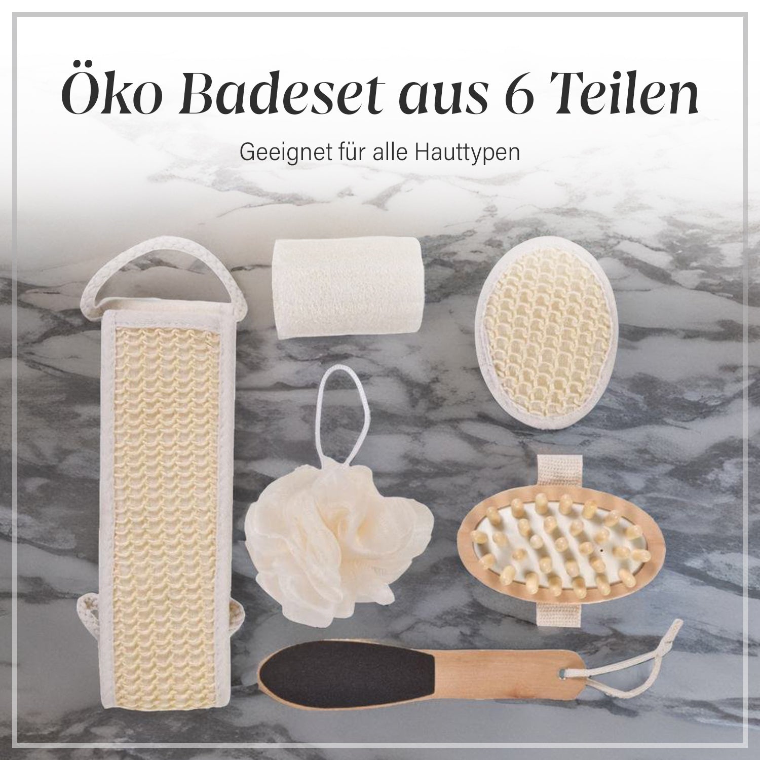 6-tlg Öko-Badeset: Sisalschwamm, Holzfußfeile, Luffaschwamm, Netzschwamm 29x27x5.5cm