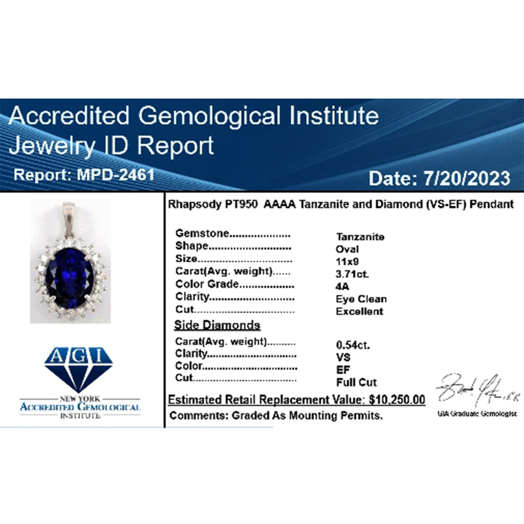 AAAA Tansanit, Weißer Diamant Anhänger 950 Platin ca. 4,25 ct.
