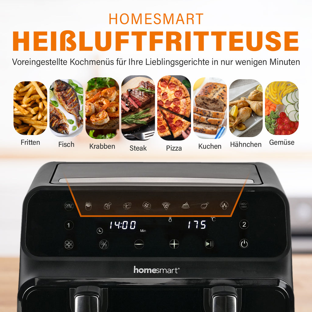 Heißluftfritteuse Deluxe: 8,5L Kapazität, 1700W, Touch-Display und Dual-Korb-System, schwarz