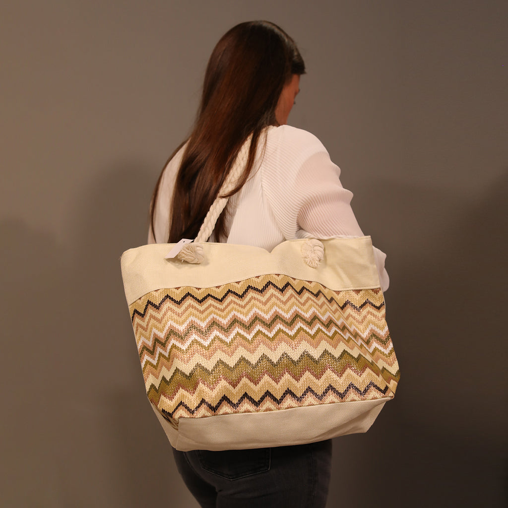 Jacquard Handtasche aus Jute mit Zig-Zag Muster, 51x34x16cm, Kaffee