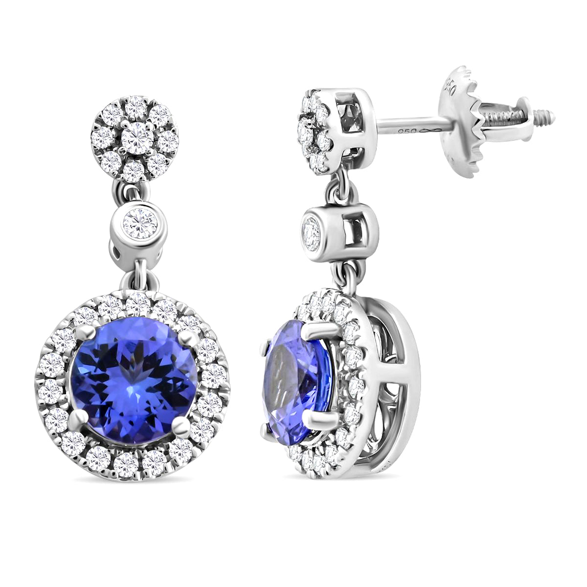 AAAA Tansanit, Weißer Diamant Ohrringe 950 Platin ca. 2,25 ct.