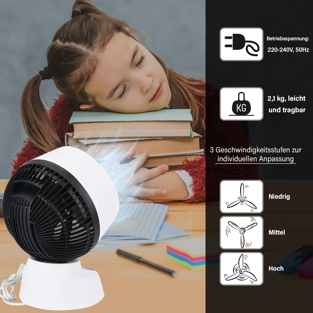 Luftmeister FlexiWind -  Digitaler Tischventilator mit 3 Geschwindigkeiten, Automatischer Oszillation und 7,5 Stunden Timer, Weiß