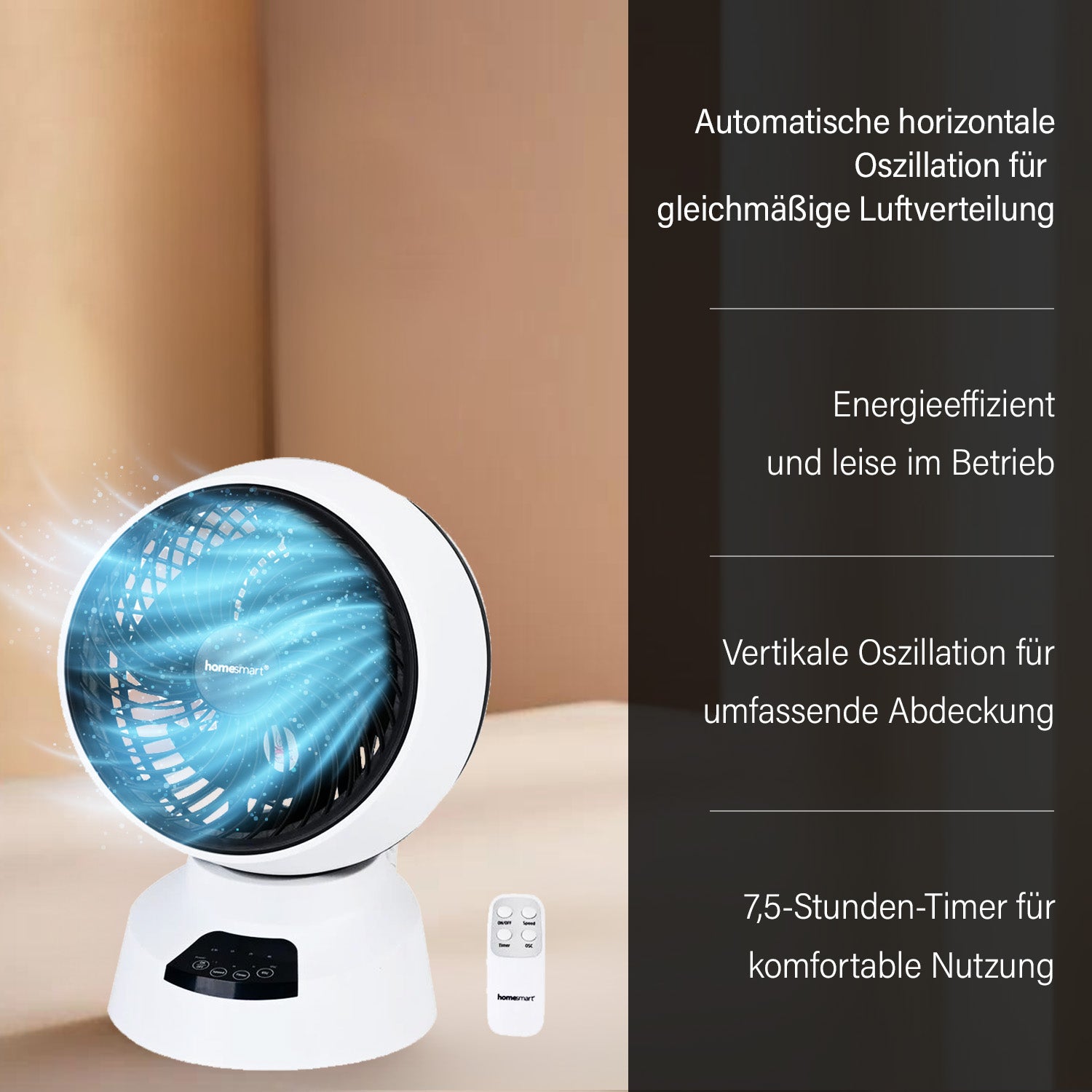 Luftmeister FlexiWind -  Digitaler Tischventilator mit 3 Geschwindigkeiten, Automatischer Oszillation und 7,5 Stunden Timer, Weiß