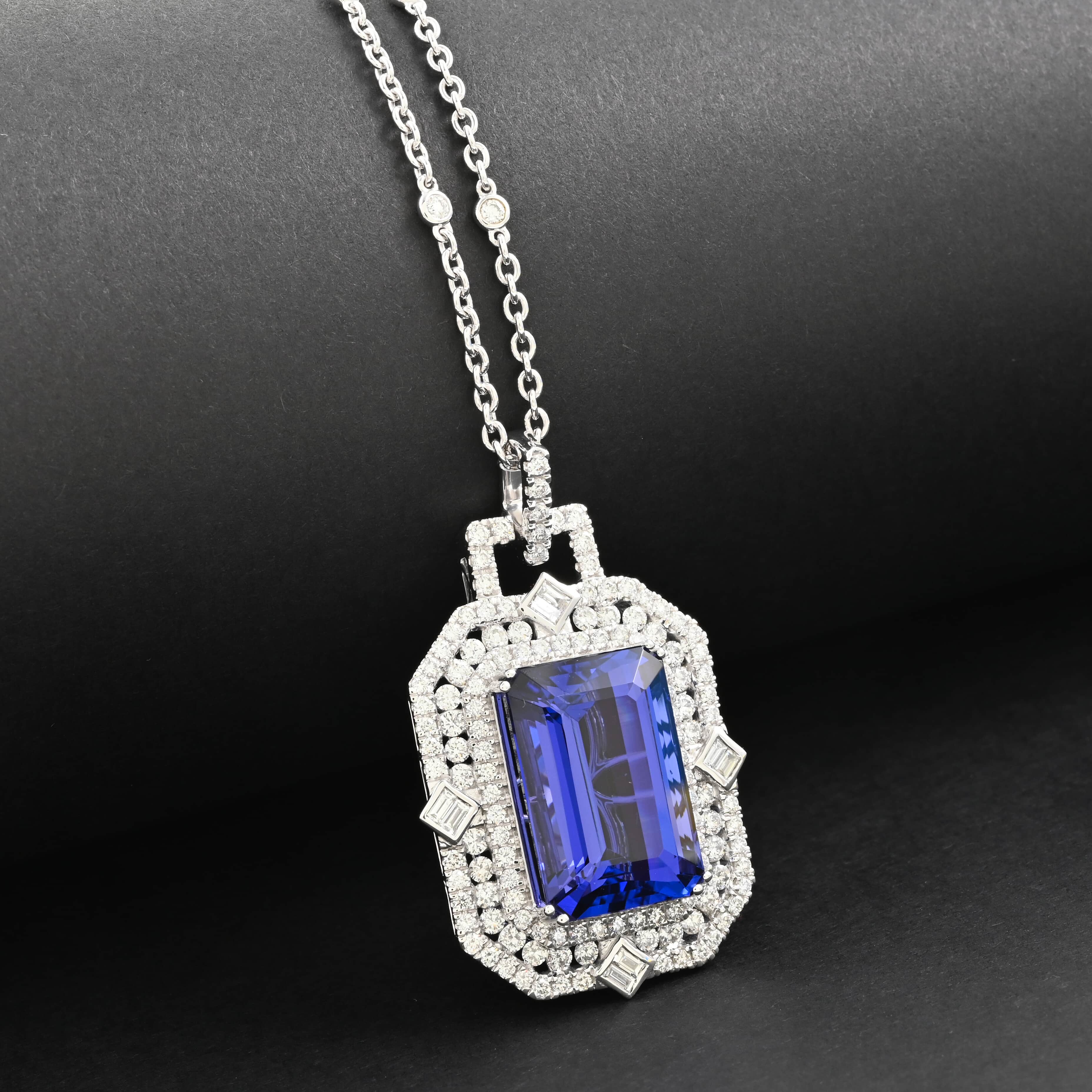 CHAIRMAN VAULT COLLECTION - AAAA Tansanit, Weißer Diamant Halskette, zertifiziert und geprüft, 950 Platin ca. 20.05 ct