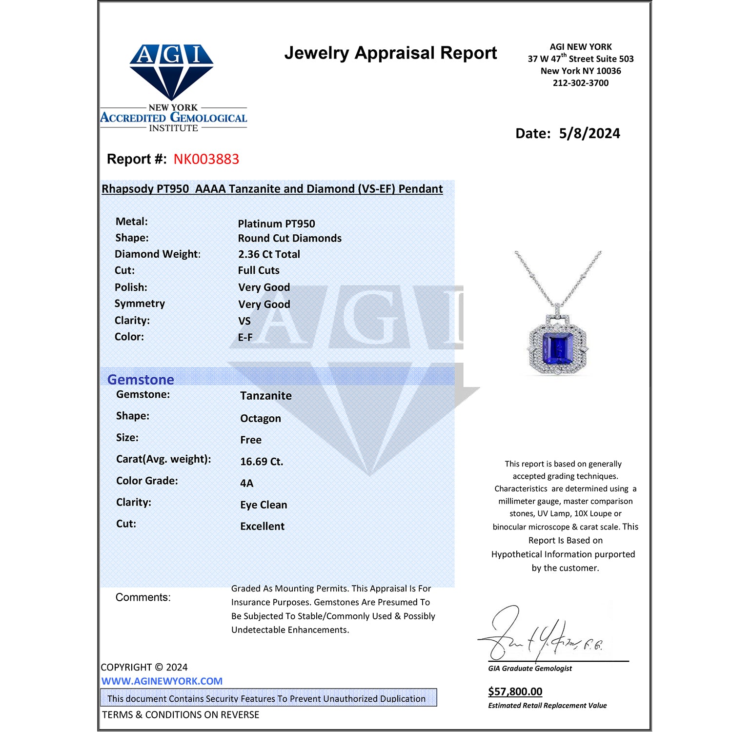 CHAIRMAN VAULT COLLECTION - AAAA Tansanit, Weißer Diamant Halskette, zertifiziert und geprüft, 950 Platin ca. 20.05 ct