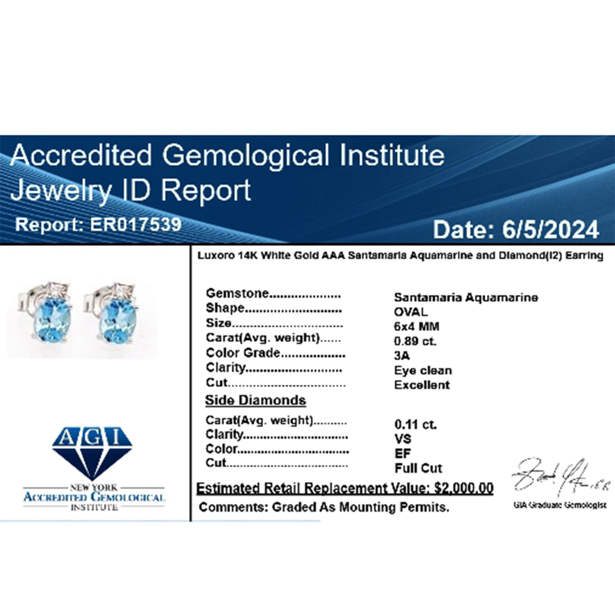 AAA Santamaria Aquamarin, Weißer Diamant VS-EF AGI zertifiziert und geprüft, Ohrringe 585 Weiß Gold ca. 1,00 ct.