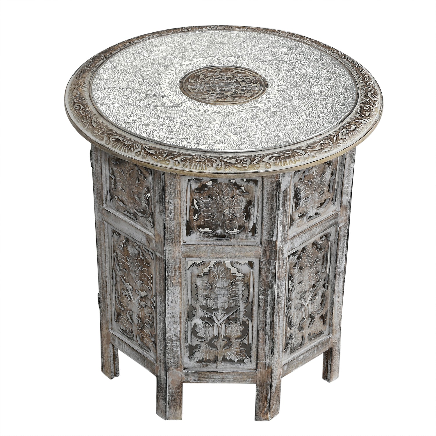 NAKKASHI Mango Holz Couchtisch mit Metallverzierung, 53 x 53 x 53 cm, Weiß