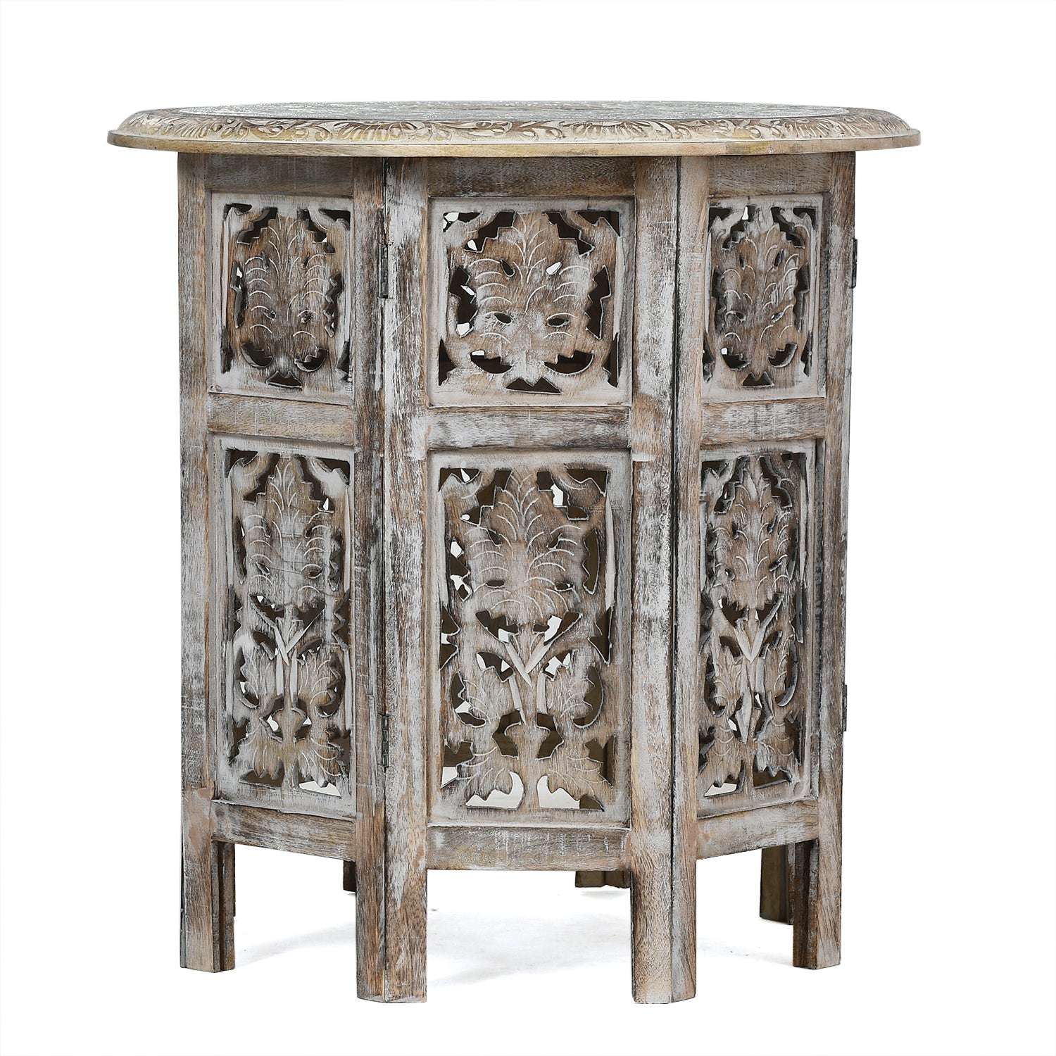 NAKKASHI Mango Holz Couchtisch mit Metallverzierung, 53 x 53 x 53 cm, Weiß