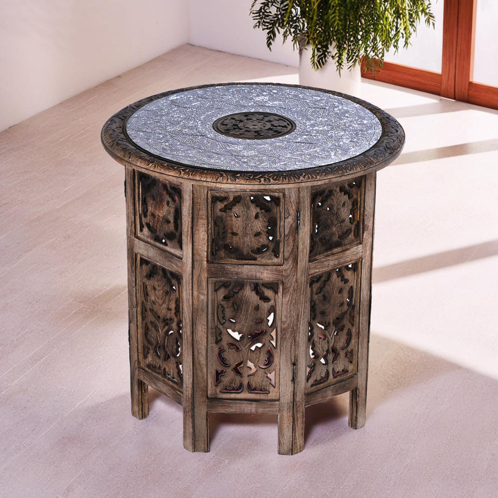 NAKKASHI Mango Holz Couchtisch mit Metallverzierung, 53 x 53 x 53 cm, Weiß