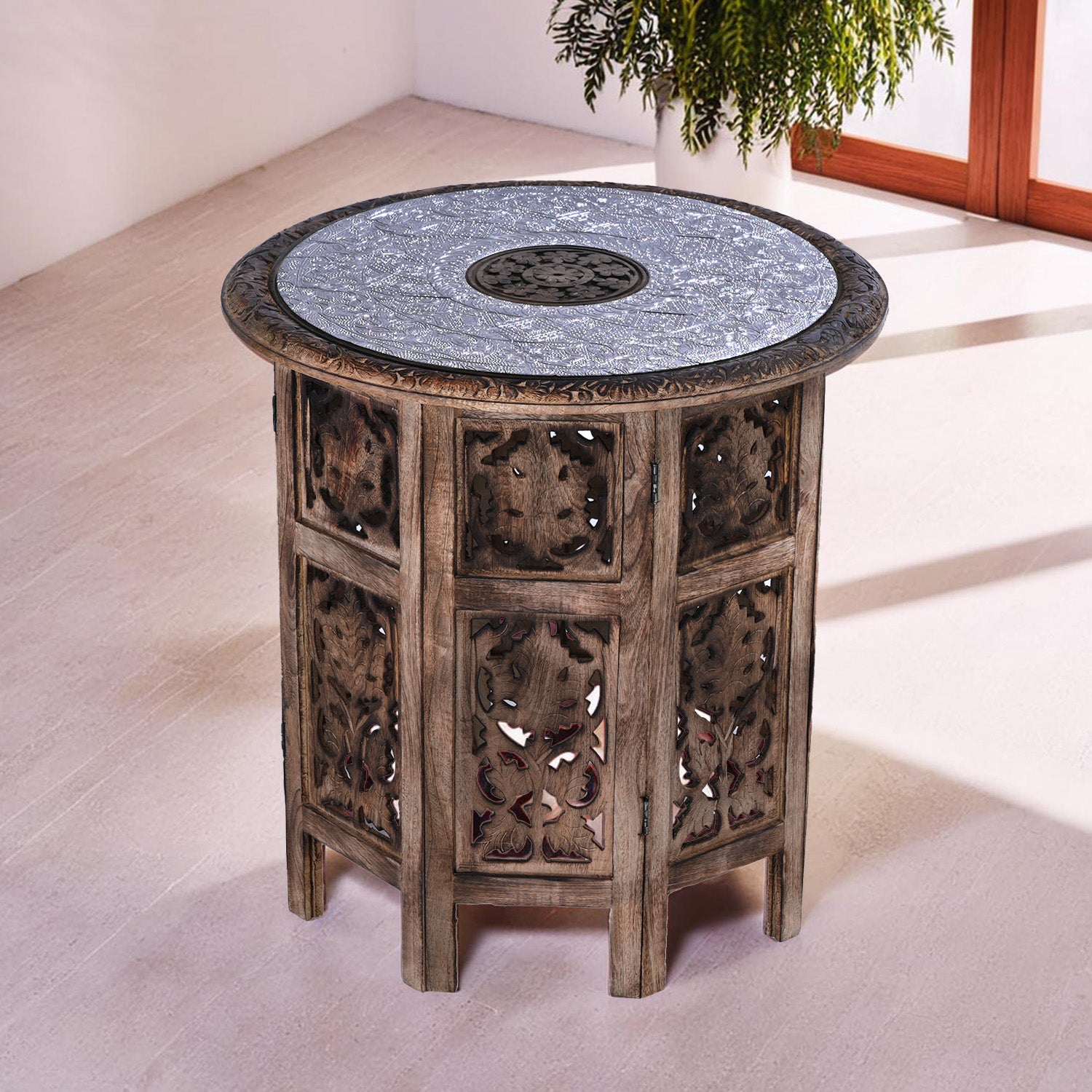 NAKKASHI Mango Holz Couchtisch mit Metallverzierung, 53 x 53 x 53 cm, Weiß