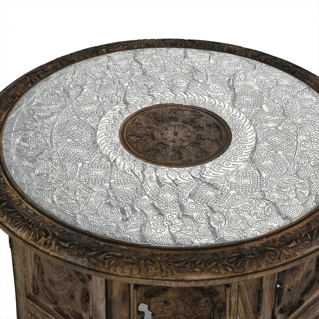 NAKKASHI Mango Holz Couchtisch mit Metallverzierung, 53 x 53 x 53 cm, Weiß