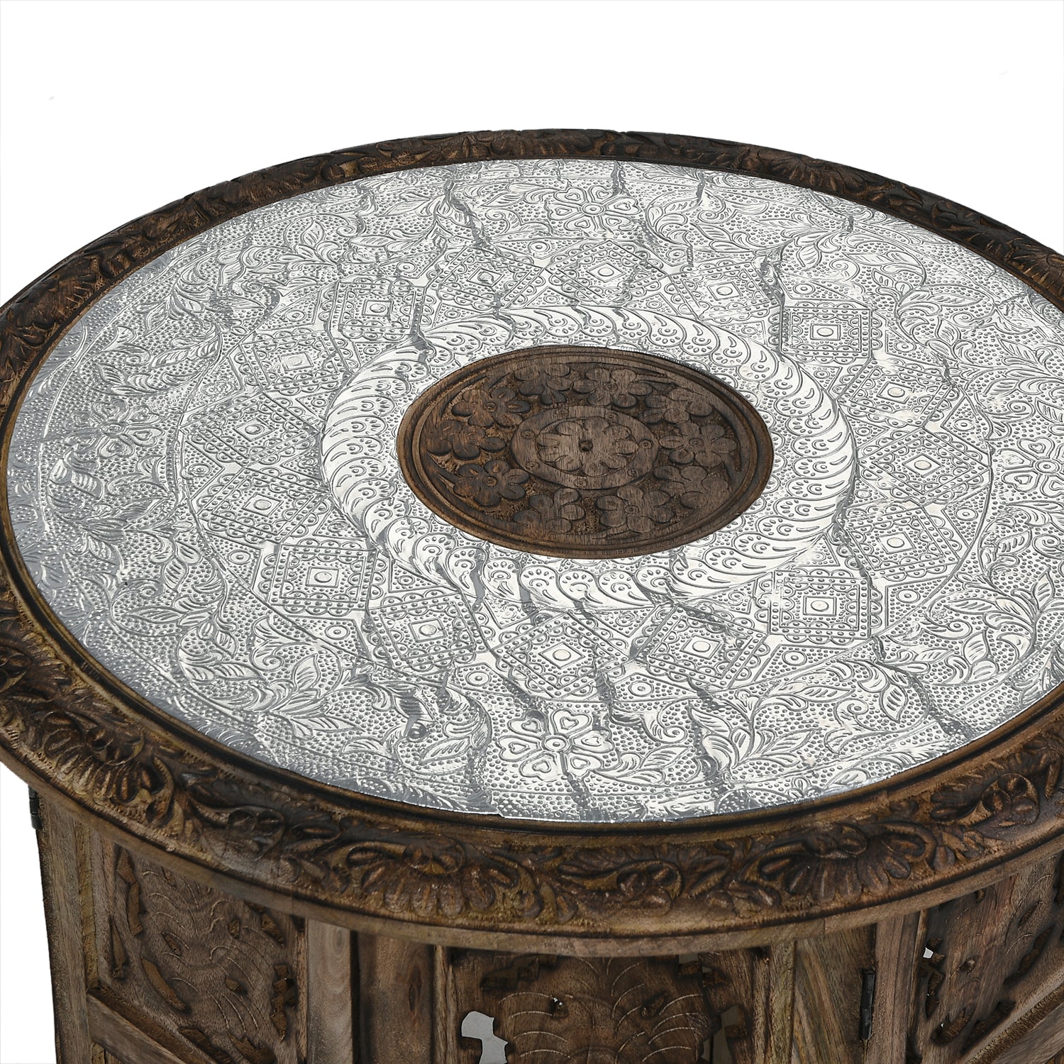 NAKKASHI Mango Holz Couchtisch mit Metallverzierung, 53 x 53 x 53 cm, Weiß
