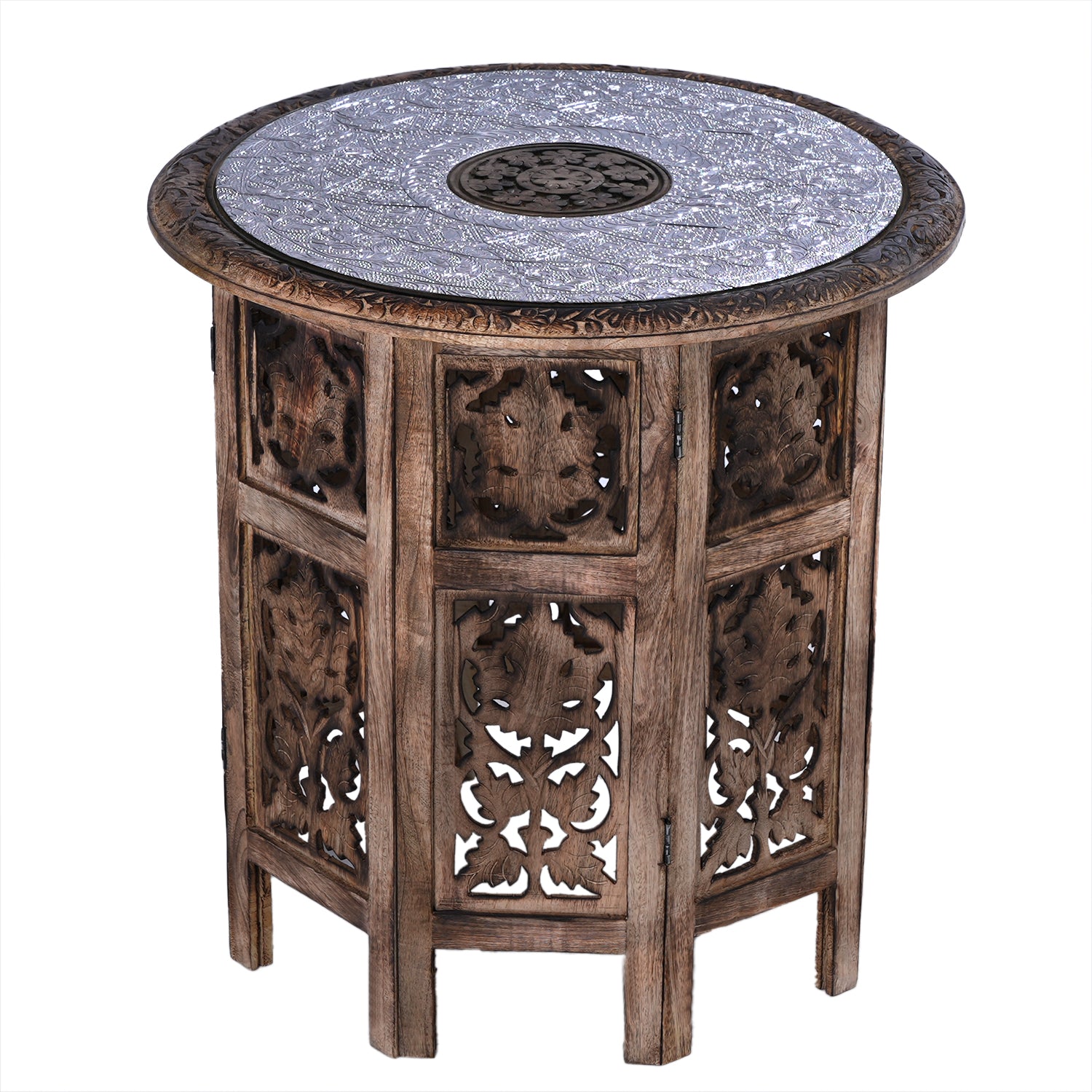 NAKKASHI Mango Holz Couchtisch mit Metallverzierung, 53 x 53 x 53 cm, Weiß