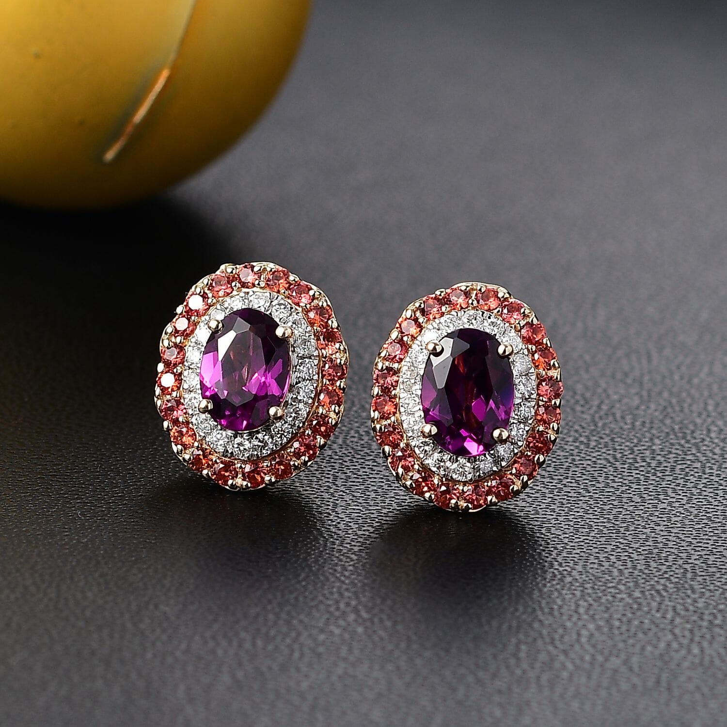AAA Radiant Ember Granat, Padparadscha Saphir Ohrringe 417 Gold ca. 3,16 ct.