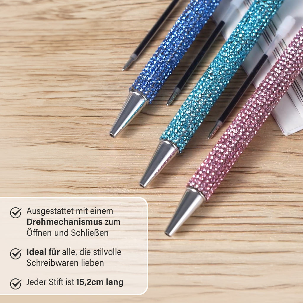 3er-Set Kugelschreiber mit Strassbesatz und Diamantspitze, inkl. 3 blauer Ersatzminen, 15cm,, Mehrfarbig