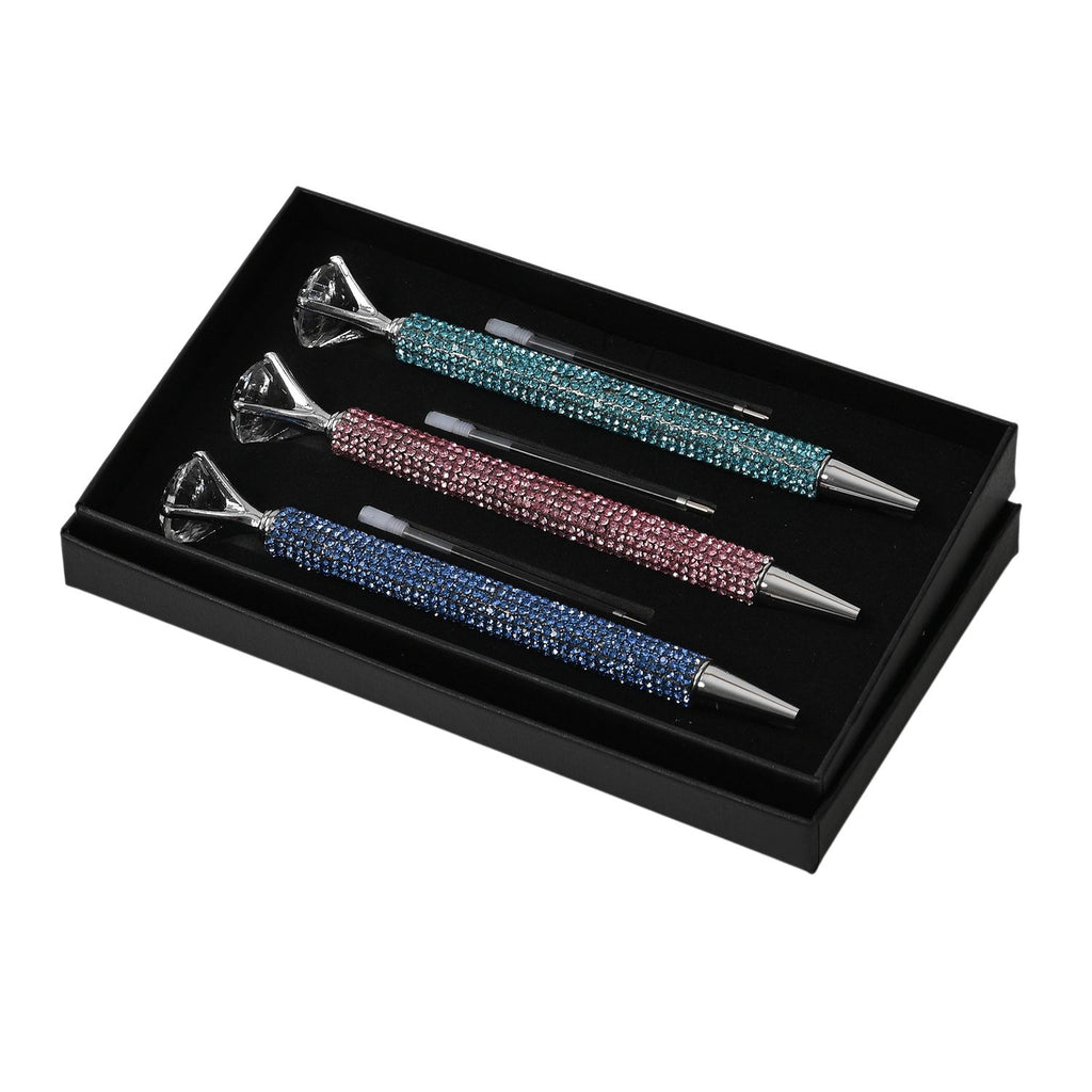 3er-Set Kugelschreiber mit Strassbesatz und Diamantspitze, inkl. 3 blauer Ersatzminen, 15cm,, Mehrfarbig