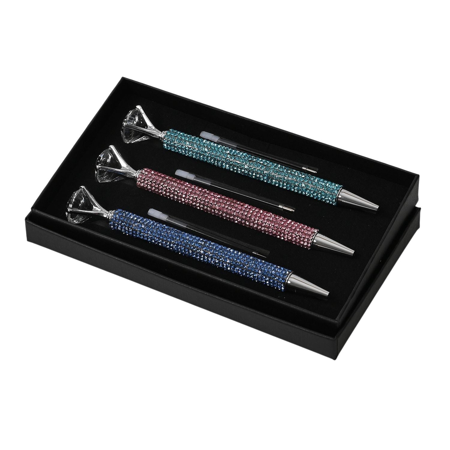 3er-Set Kugelschreiber mit Strassbesatz und Diamantspitze, inkl. 3 blauer Ersatzminen, 15cm,, Mehrfarbig