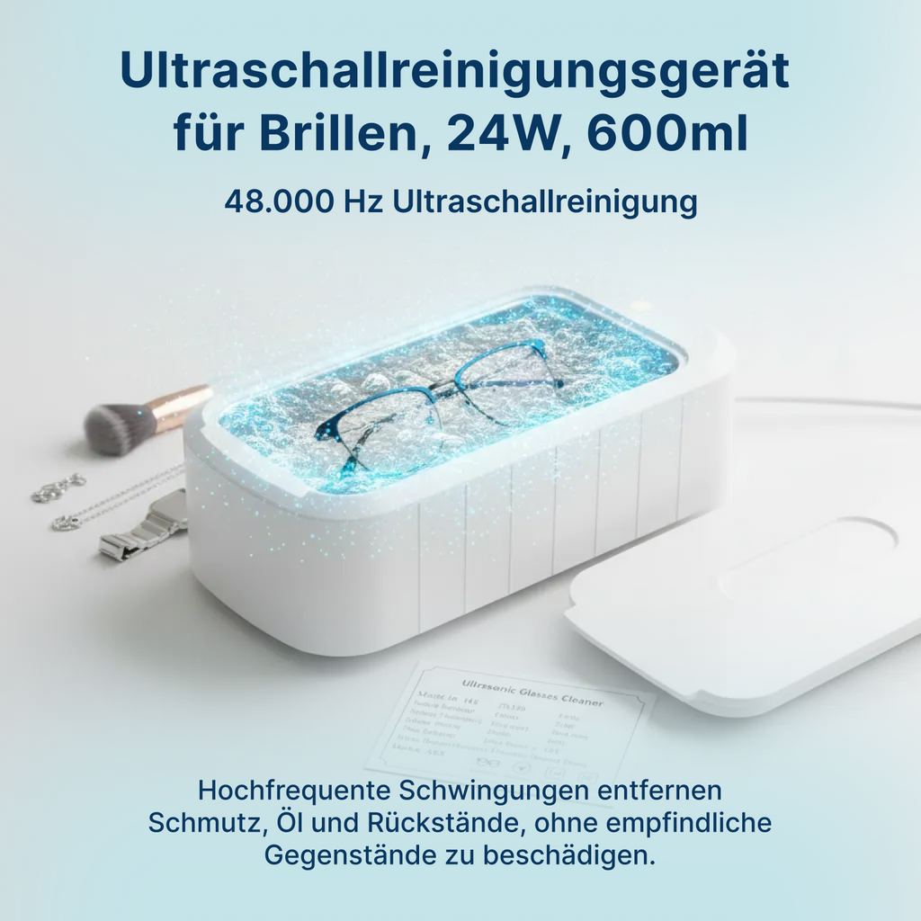 Ultraschall-Reinigungsgerät aus ABS und Edelstahl, 600 ml, 48.000 Hz, Weiß, 24,55 x 12 x 7 cm