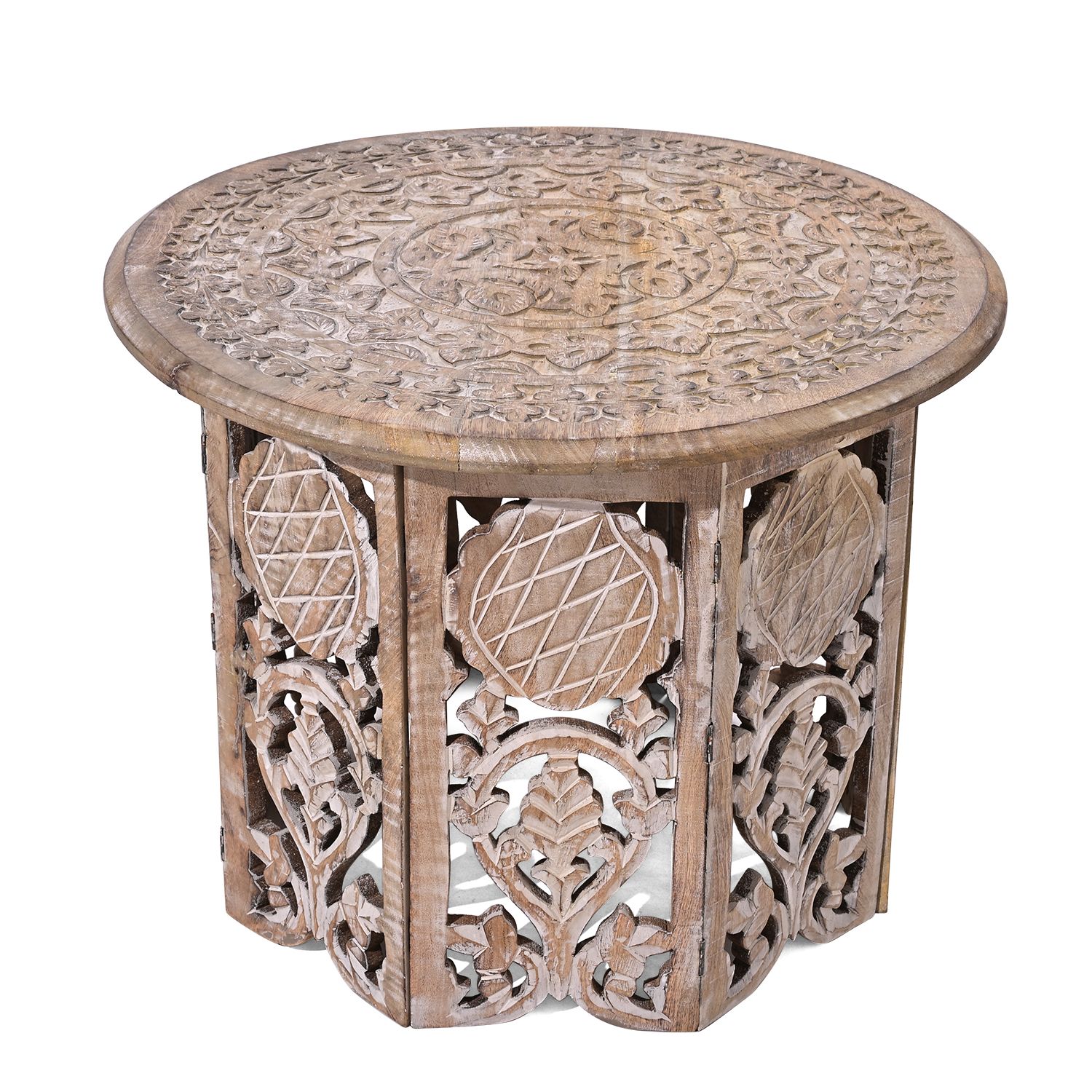NAKKASHI Tisch Mangoholz handgeschnitzt sechseckig 68 x 68 x 49 cm Weiß