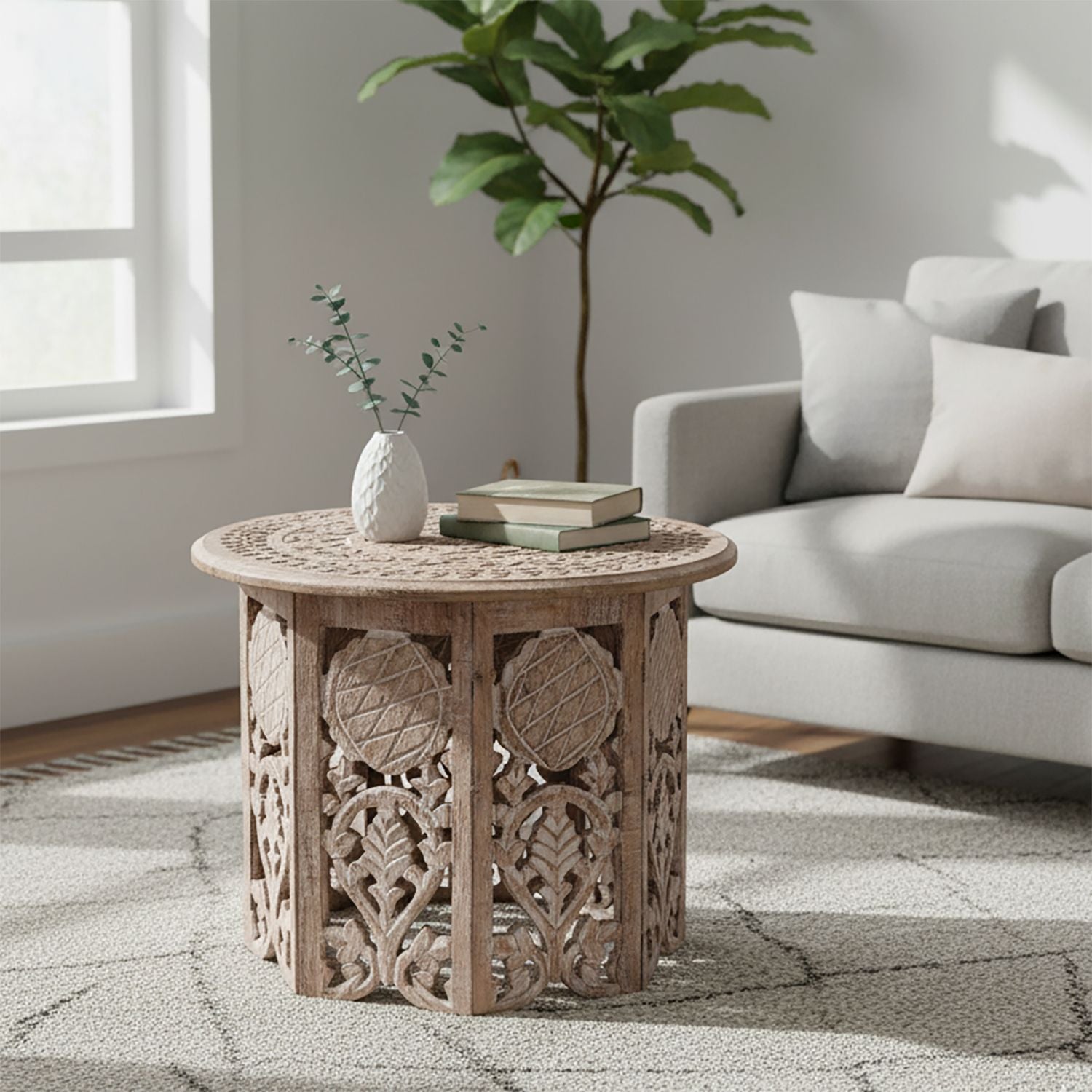 NAKKASHI Tisch Mangoholz handgeschnitzt sechseckig 68 x 68 x 49 cm Weiß