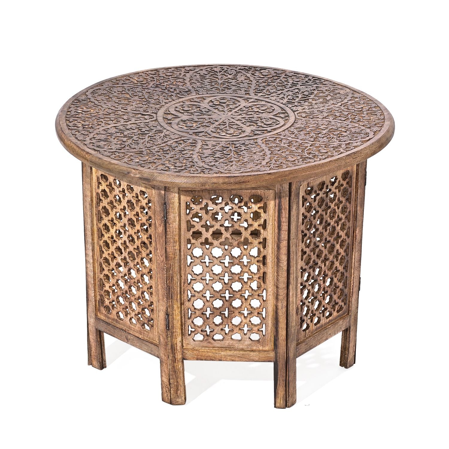 NAKKASHI Tisch Mangoholz handgeschnitzt sechseckig 68 x 68 x 49 cm Burnt-Finish