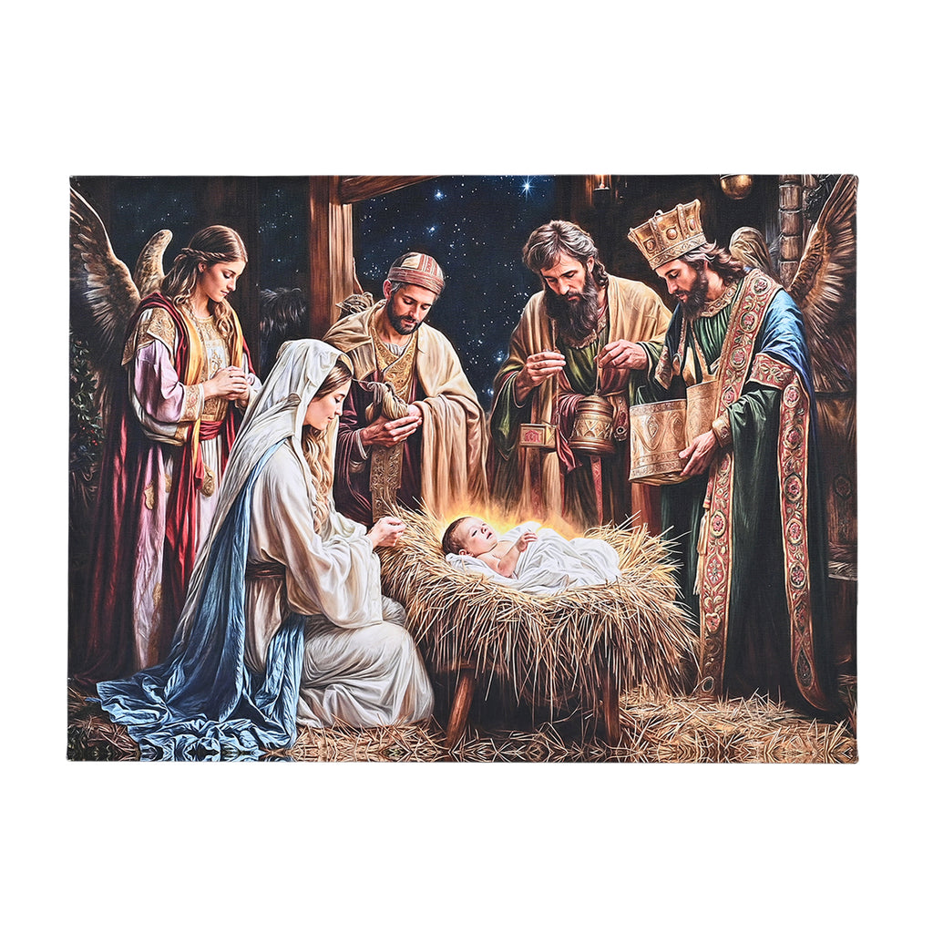 LED-Leinwandbild Heilige Familie in der Krippe, mit 30 Lichtfasern, Größe 30x40x1,8 cm