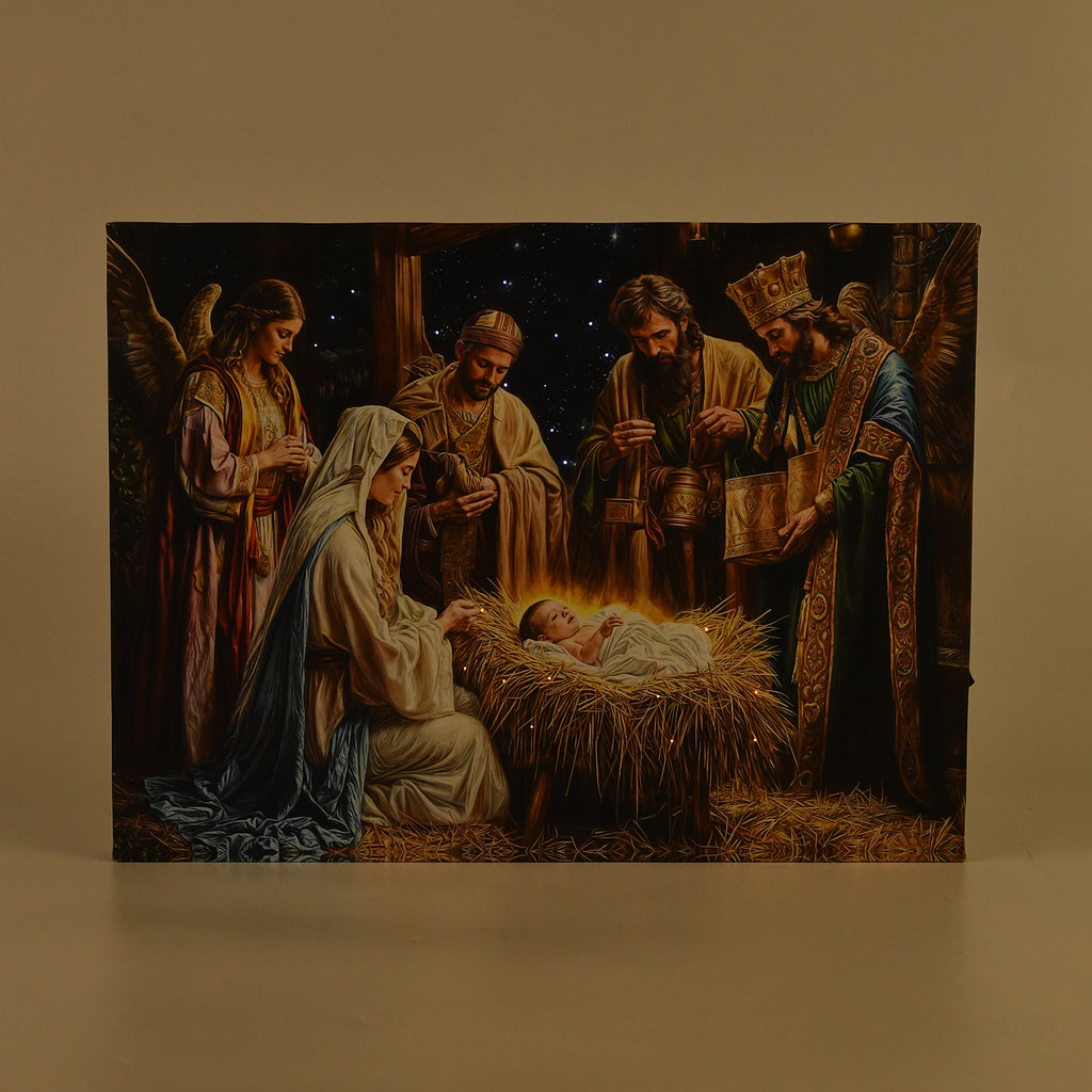 LED-Leinwandbild Heilige Familie in der Krippe, mit 30 Lichtfasern, Größe 30x40x1,8 cm