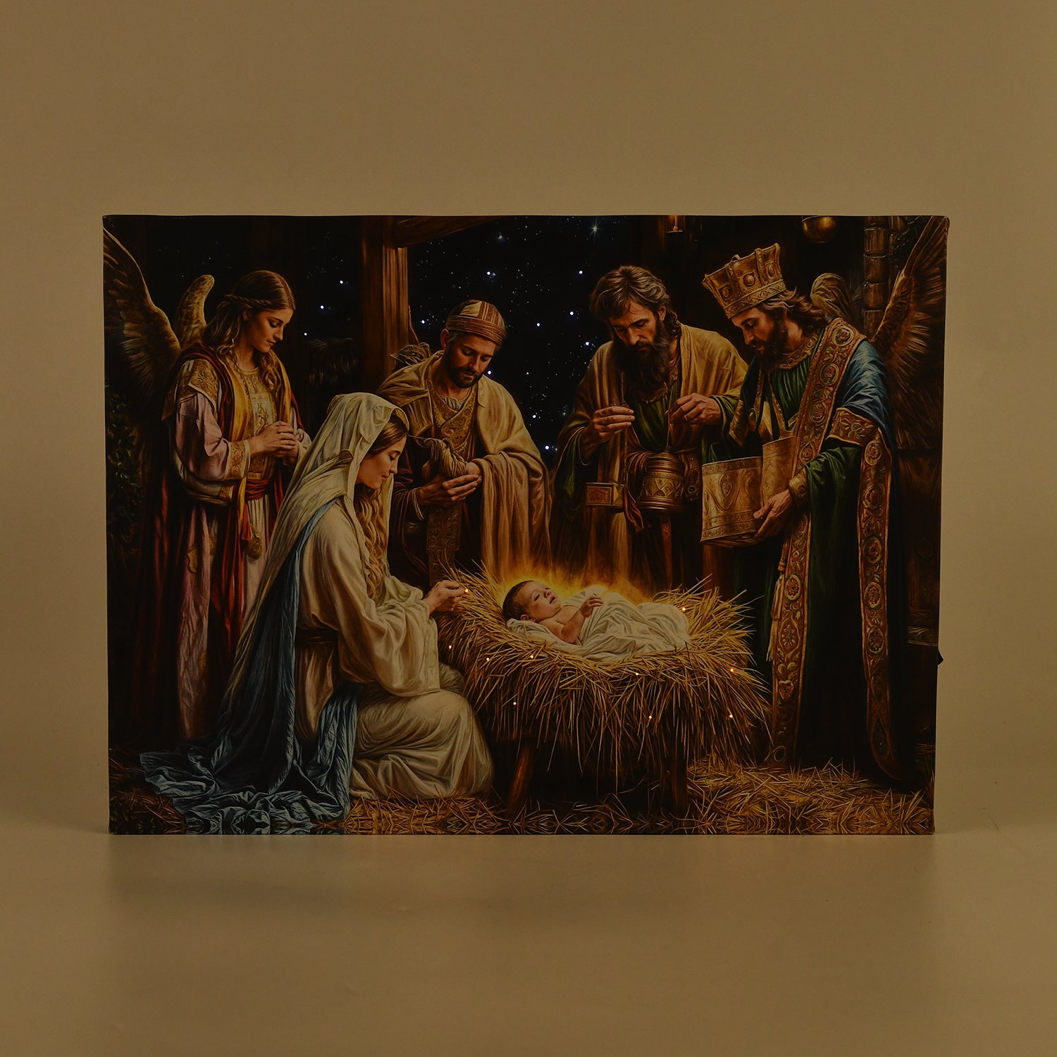 LED-Leinwandbild Heilige Familie in der Krippe, mit 30 Lichtfasern, Größe 30x40x1,8 cm