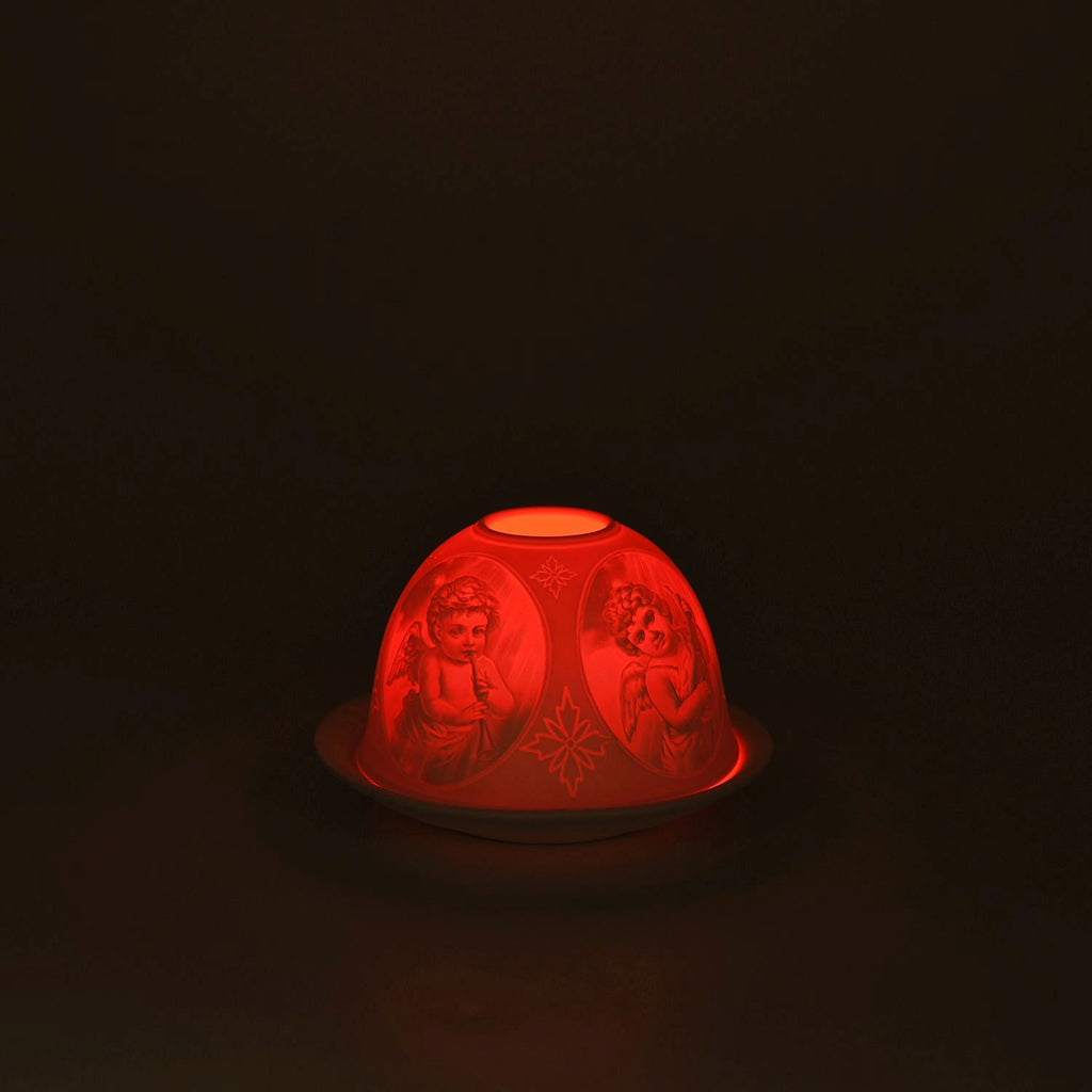 LED-Porzellan-Teelichthalter - Motiv Engel, 13-Farben-LED mit Fernbedienung, Durchmesser 10,5 cm, Höhe 7,5 cm