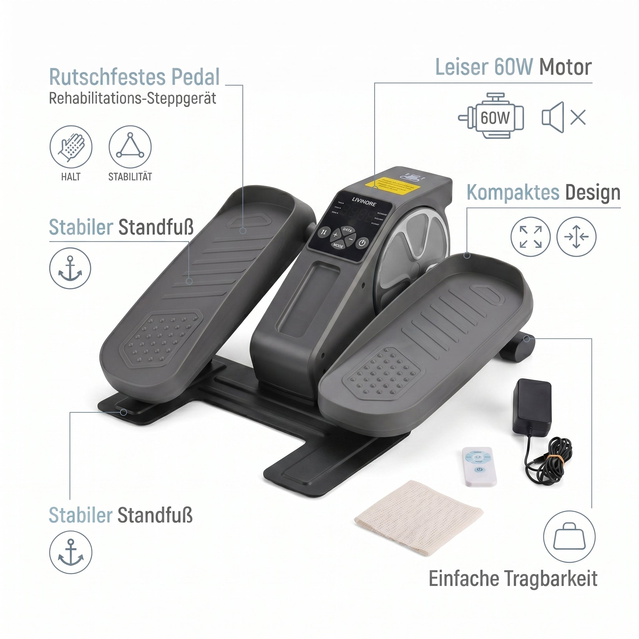 LIVMORE -Kompakter Elektro Stepper, Anti Rutsch Pedale, Anzeige und Fernbedienung, 47 x 42 x 23.5 cm, Schwarz