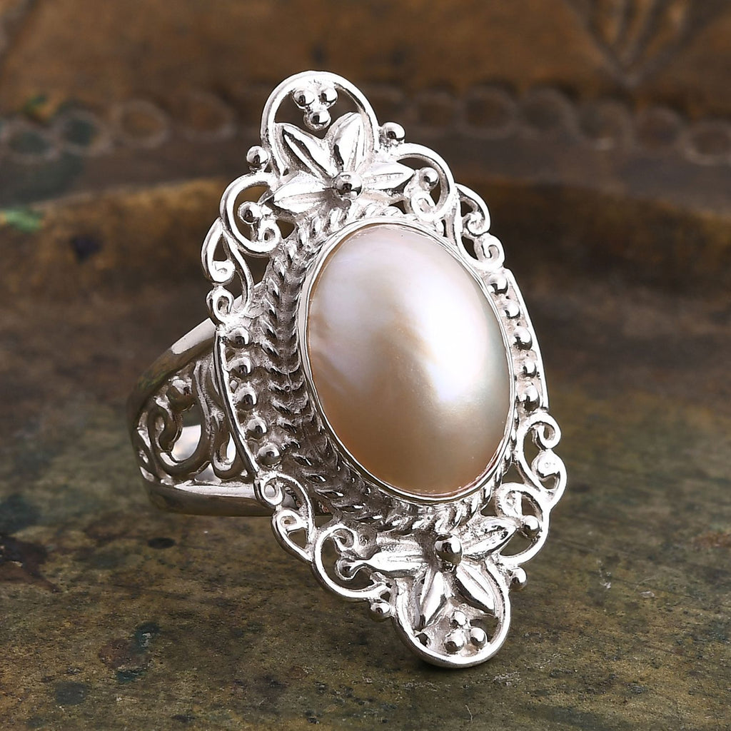 Weiße Mabe Perle (16x12 mm) Ring 925 Silber