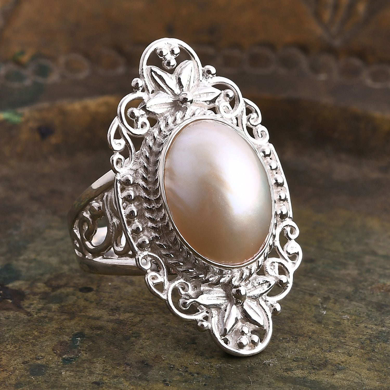 Weiße Mabe Perle (16x12 mm) Ring 925 Silber