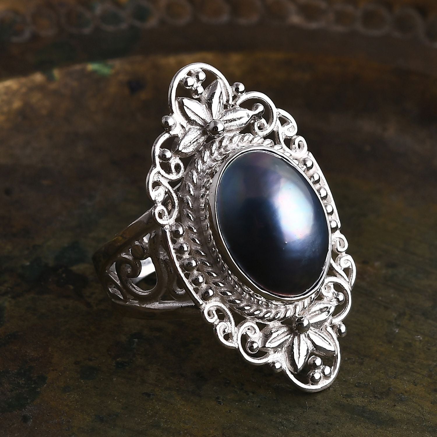 Blau Mabe Perle (16x12 mm) Ring 925 Silber (Größe 20.00)