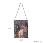 Handbemalter Glas Suncatcaher mit Kette, silberfarbenem Rahmen, Alphonse Mucha Motiv Frühling, 12x15 cm